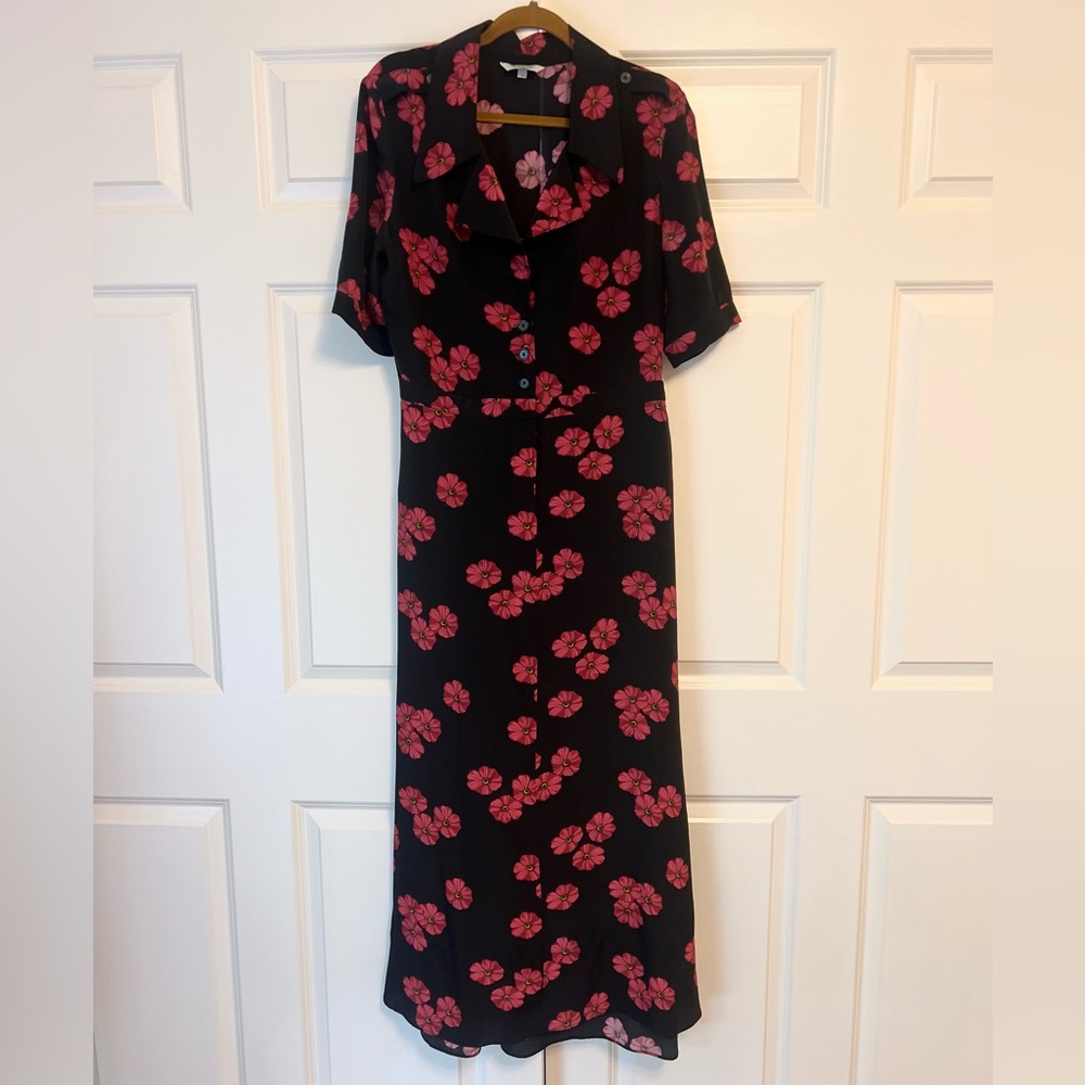 Tucker Red and Black Silk Midi Dress with Notched Collar size large